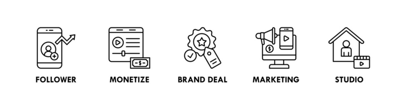 Creator Economy web icon illustration concept with icon of follower, monetize, brand deal, marketing, and studio