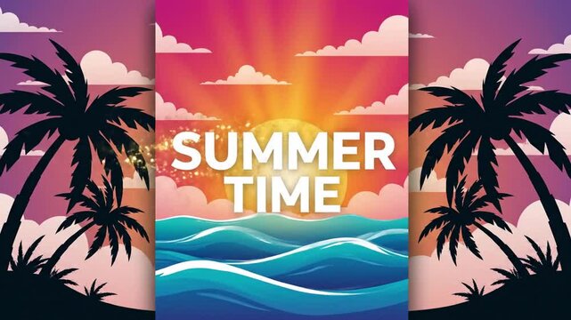 Vibrant summer season background featuring vertical vector illustration of a glowing golden hour sky with copy space for text, perfect for social media stories and digital promotional posters.