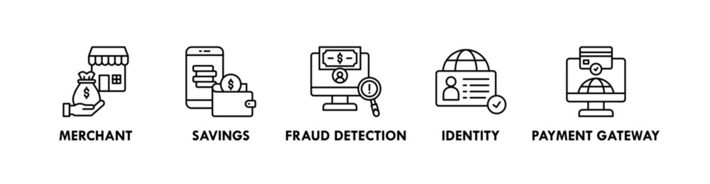 Embedded Finance web icon illustration concept with icon of merchant, savings, fraud detection, identity, and payment gateway