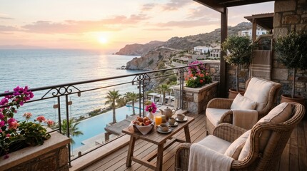 Obraz premium Stone terrace with wicker armchairs and breakfast overlooking sea at sunset