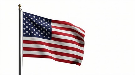 Obraz premium A prominent national banner featuring bold red, white, and blue hues, unfurling dynamically against a stark white backdrop, symbolizing patriotism, freedom, and national spirit