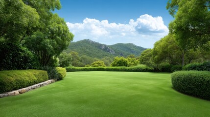 Naklejka premium Lush Green Lawn Surrounded by Trees with Scenic Mountains in the Background Under a Bright Blue Sky and Clouds on a Sunny Day