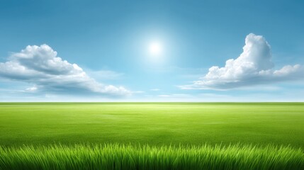 Fototapeta premium Vibrant Blue Sky with Soft Clouds over Lush Green Grass Field under Bright Sunlight during Daytime in Tranquil Natural Landscape