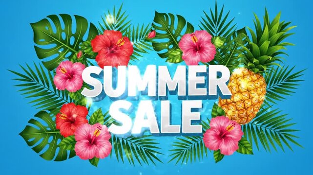 Summer Promotional Sale Banner Design featuring Exotic Tropical Foliage, Hibiscus Bloom, Fresh Pineapple, and Vibrant Azure Background Backdrop in a Scalable Vector Graphic Illustration Style.