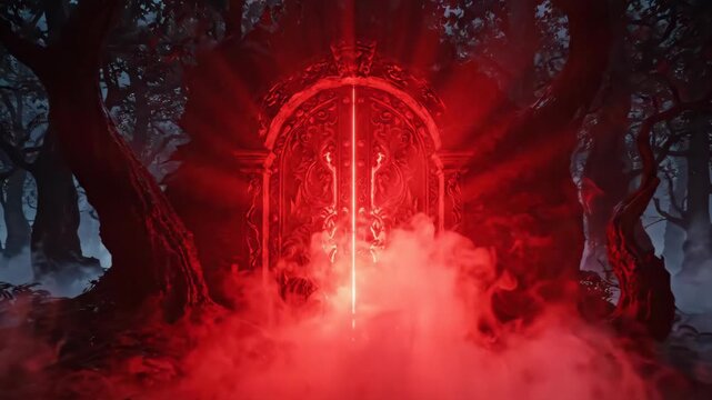 Glowing red portal emitting smoke in a dark mystical forest