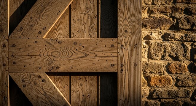 Rustic wooden door texture detail with stone wall