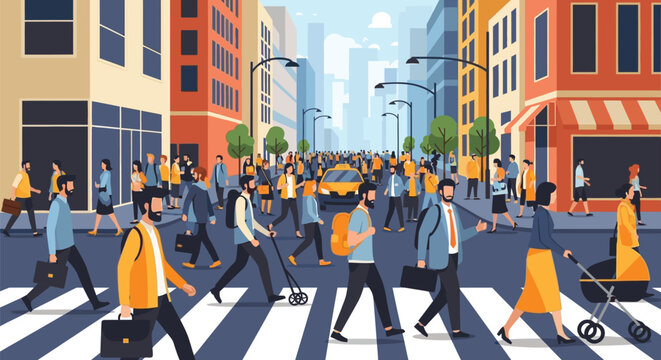 Diverse group of people walking across a busy city crosswalk.