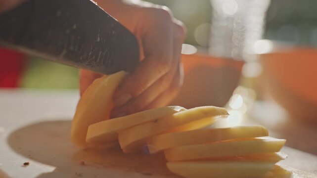 Sunlit hands slicing potato on board, thin golden slices fall onto cutting board, warm backlight with blurred orange bowl and glass, gentle morning breeze at campsite, camp cook preparing simple meal