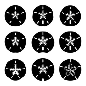 Set of Black Sand Dollar Silhouettes on White Background