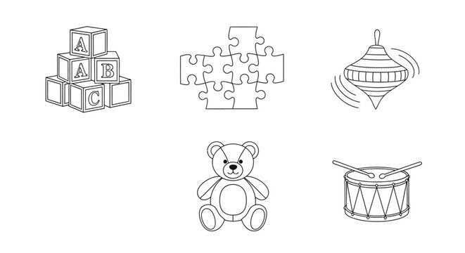 Set of children's toys: blocks, puzzle, spinning top, teddy bear, drum