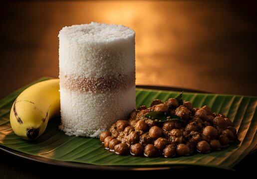 Traditional kerala breakfast puttu kadala curry and banana on banana leaf