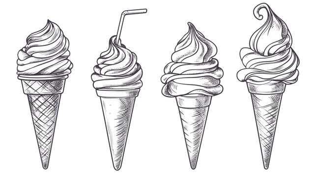 Hand-drawn illustrations of four ice cream cones. Different flavors and designs are presented