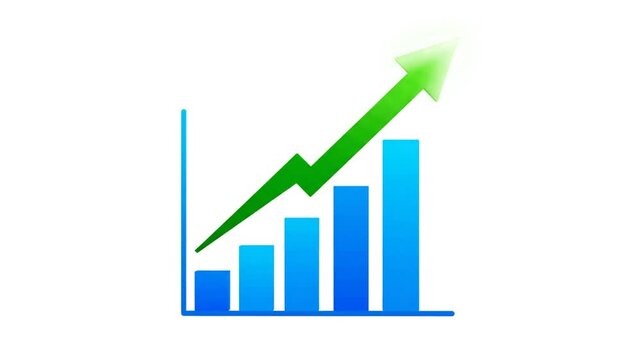 Minimalist success icon with a rising green arrow ascending on bar chart graph for financial growth, business development, and profit visualization in a flat web interface design layout.