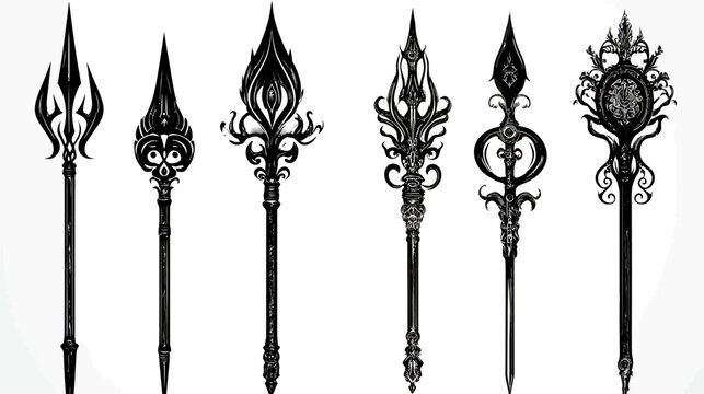 Six elaborately designed, black and white spears or polearms with ornate decorative heads