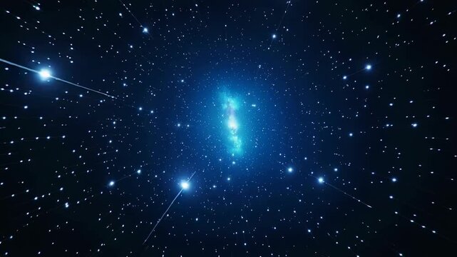 Blue stars moving in space with light speed effect and zoom in camera technique