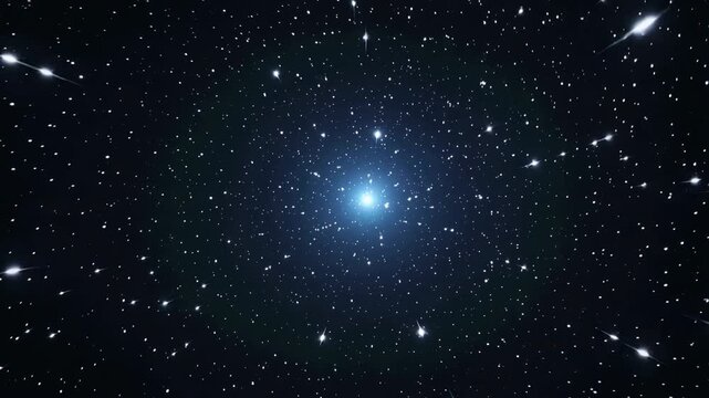 Bright blue star surrounded by moving white starlight in deep space, zoom