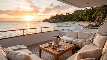 Fototapeta premium Yacht lounge deck with champagne and tropical coastline sunset