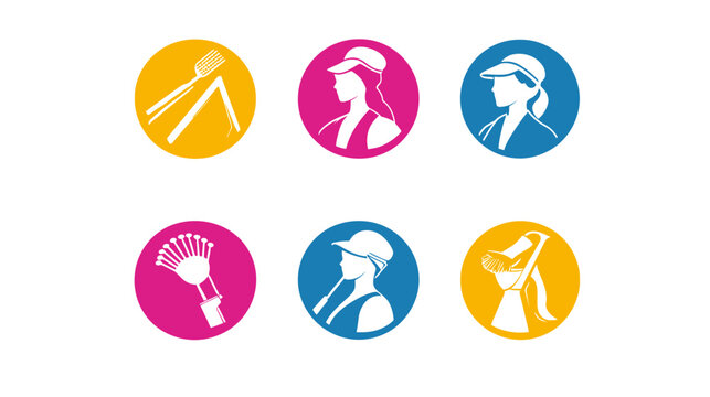 Six round icons, each depicting cleaning tools or profile silhouettes of people in hats