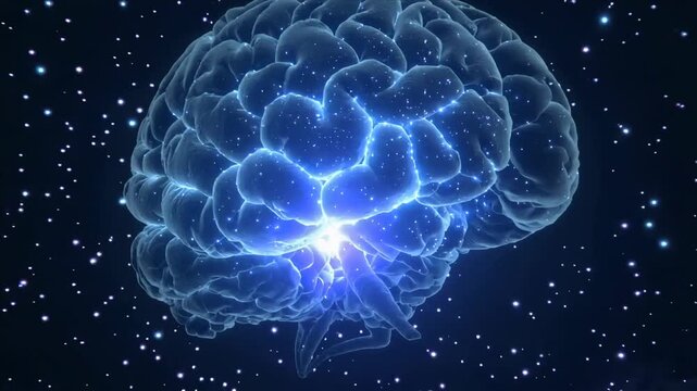 Glowing blue human brain floating in dark space with nebula clouds and stars, still shot