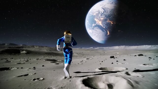 Astronaut in blue suit running on moon surface with Earth in background, low angle shot