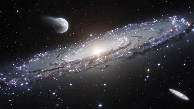 Spiral galaxy with glowing white core and orbiting planet in deep space, real time