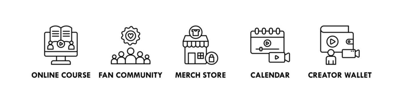 Creator Economy web icon illustration concept with icon of online course, fan community, merch store, calendar, and creator wallet
