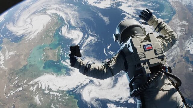 Astronaut in white spacesuit taking selfie with smartphone against Earth background in space