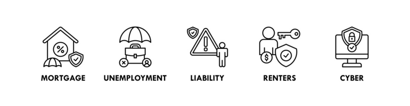 insurance web icon illustration concept with icon of mortgage, unemployment, liability, renters, and cyber
