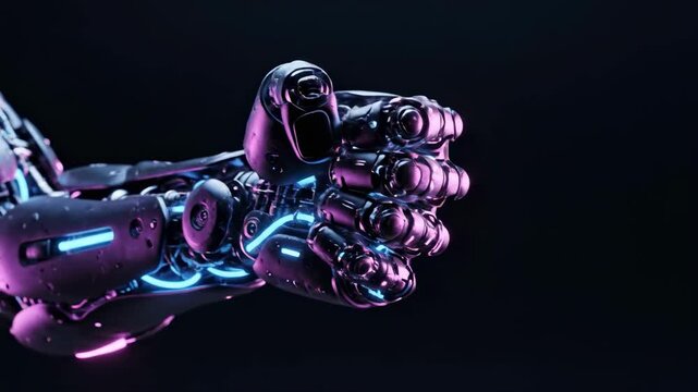 A futuristic robotic hand with glowing blue lights extends against a dark background, conveying innovation and technology.