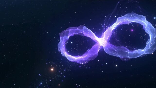 Purple glowing infinity symbol floating in deep space with stars and nebula background lock down