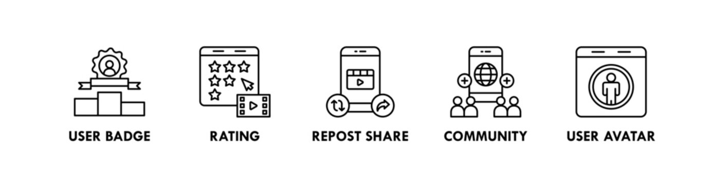 User Generated Content web icon illustration concept with icon of user badge, rating, repost share, community, and user avatar