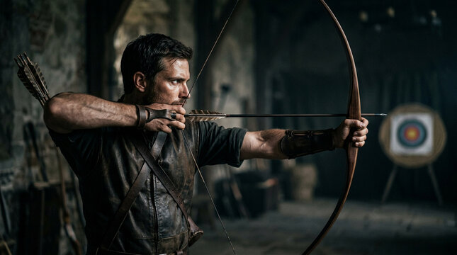 Male archer aiming arrow at target, intense focus, cinematic lighting, dark background