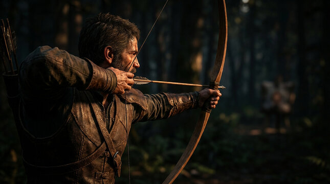 Male archer aiming arrow at target, intense focus, cinematic lighting, dark background