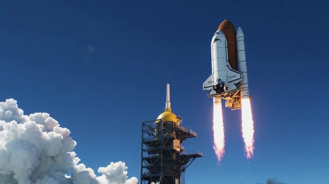 Space shuttle launch with orange external tank lifting off from launch pad, wide shot