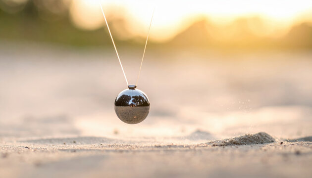 Pendulum swing motion blur metal ball physics kinetic energy pendulum swinging above sand sunset, metal ball motion blur