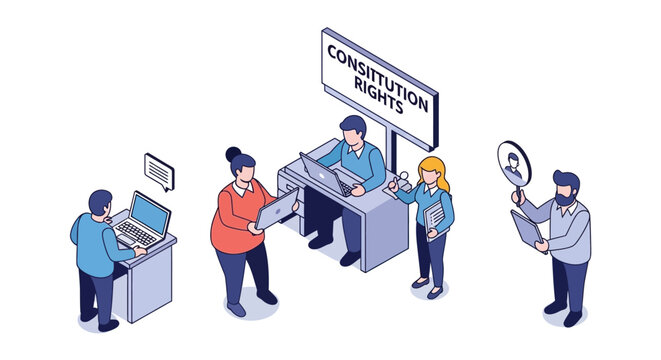 People interacting with computers and a sign about constitution rights.