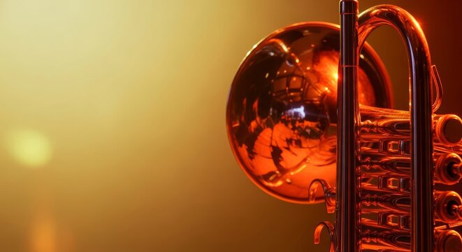 Close-up view of a polished brass trumpet catching warm orange light with a soft blurred background creating a dreamy musical atmosphere, reflection, vibrant, metal