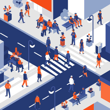 Isometric illustration of diverse people crossing a busy city street at a crosswalk.