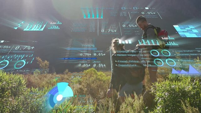 Woman pointing while hikers climbing meadow, AR HUD activating navigation charts over heads torsos