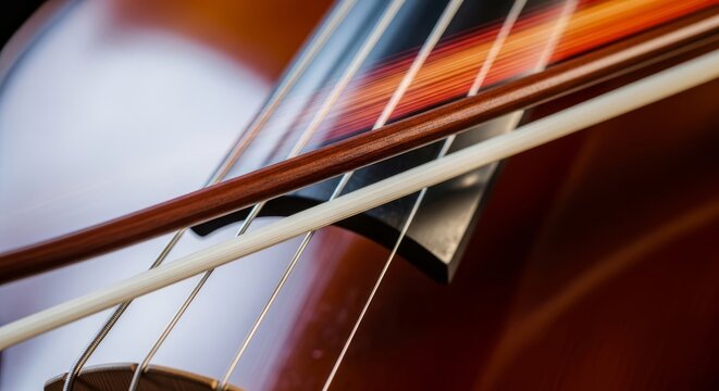 Macro shot of a wooden bow gliding over polished cello strings with artistic motion blur, showing the vibrant essence of classical music, motion, cello, wooden