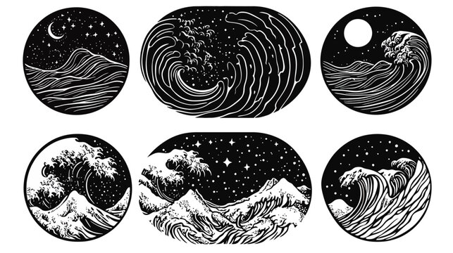 A collection of six stylized illustrations featuring waves, stars, and celestial bodies