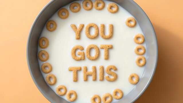 Bowl of milk with cereal letters spelling you got this breakfast encouragement desig