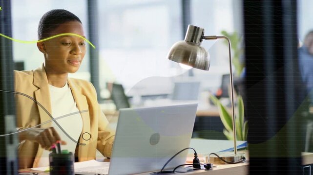 Office woman twisting bottle cap, typing on laptop and working while graphic lines sweeping frame