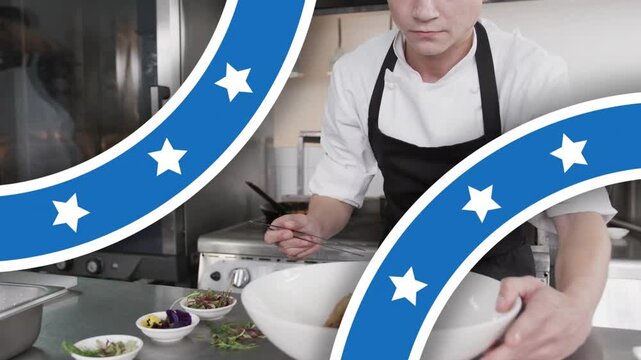 Vertical video: Chef picking garnish from bowls, plating with tongs for menu as blue graphic hiding