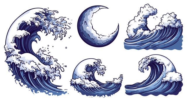 Pixelated graphic of a crescent moon and a selection of ocean wave illustrations in shades of blue