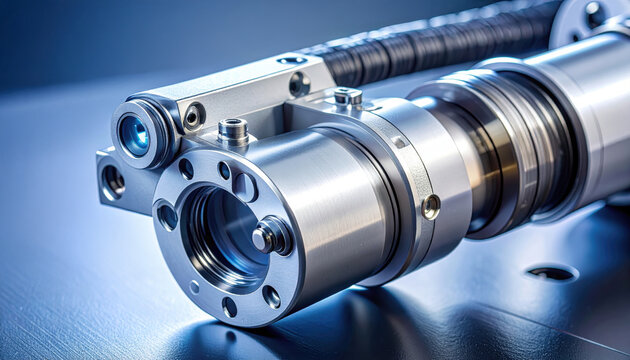 Robotics industrial automation metal machinery precision engineering actuator mechanical equipment close up stainless steel actuator with threaded