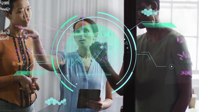 Lead holding tablet and touching transparent glass, teal HUD expanding, tech team annotating data