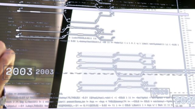 Woman touching transparent display generating circuit timeline overlay male engineer reviewing 2013