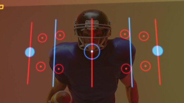Vertical video: Male football player stepping as HUD line emerging, tracing shoulder for sports