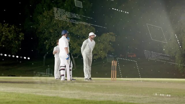 Vertical video: Cricket bowler running in, bowling at batter, HUD tagging stumps, seeking wicket
